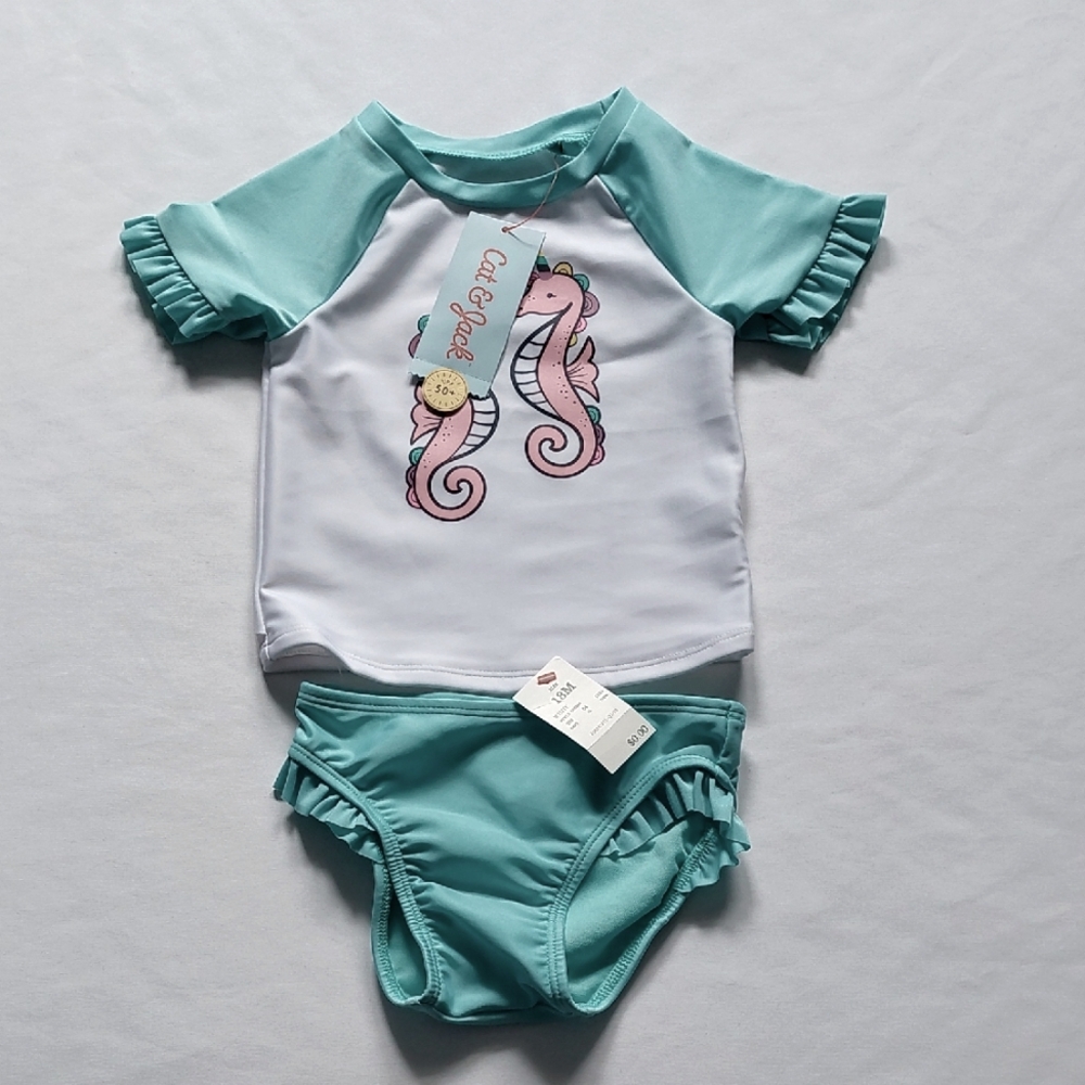 Cat & Jack Blue and White Rashguard Swim Set with Ruffle Sleeves 18 Mns‎
